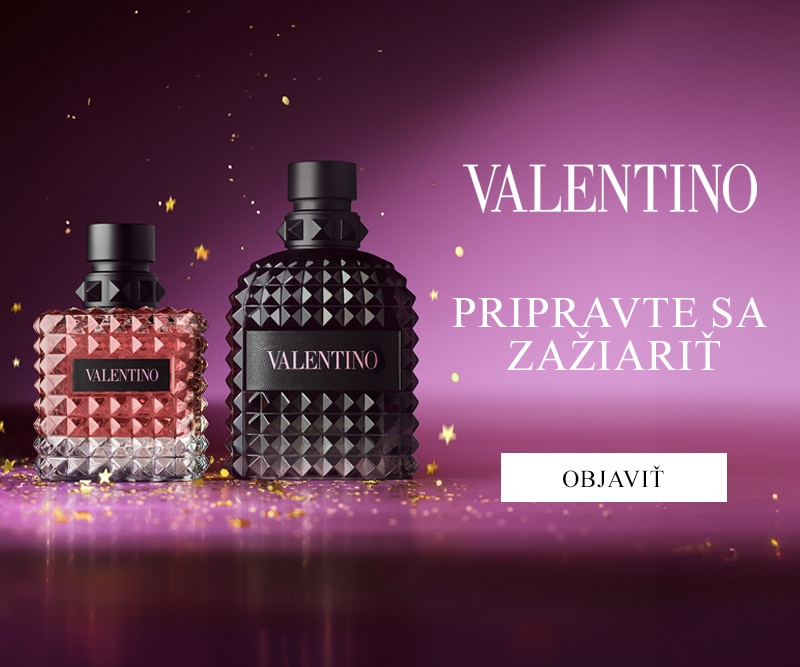 Valentino parfémy v luxusných flakónoch na fialovom pozadí – dámska a pánska vôňa pripravená zažiariť.